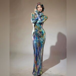 New Mews Sequin Nebraska Ombre Long Sleeve Hooded Maxi Dress In Blue